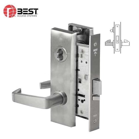 Best Grade 1 Storeroom Mortise Lock, 15 Lever, M Escutcheon, SFIC Housing Less Core, Satin Chrome Finish,  BEST-45H7D15M626